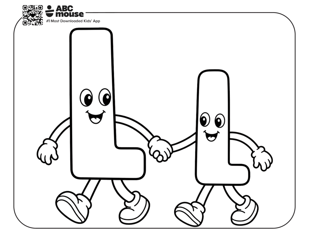 Letter L's Holding Hands – Fun letter L coloring page featuring smiling uppercase and lowercase letter L characters holding hands.