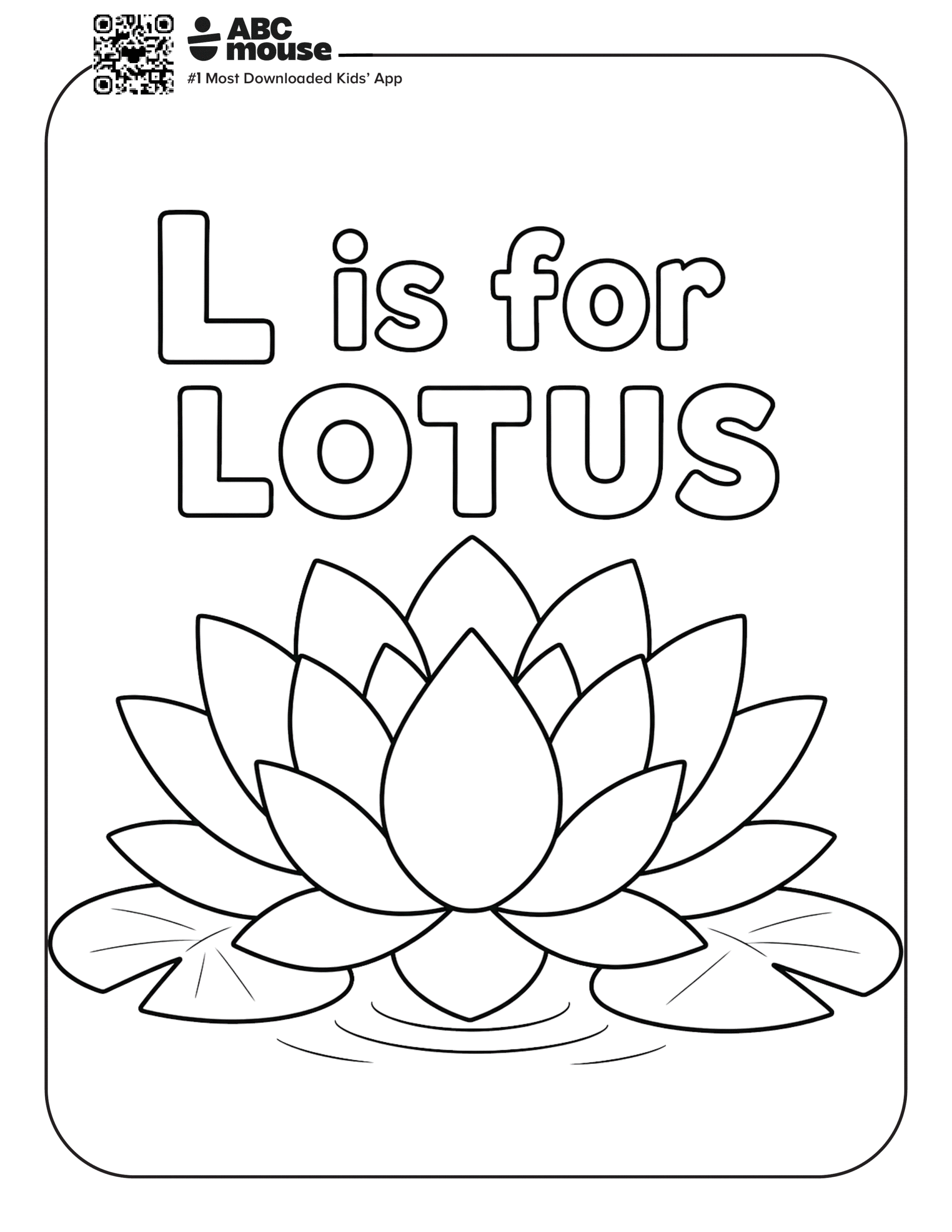 L is for Lotus – Letter L coloring page featuring a lotus flower floating on water for children to color.
