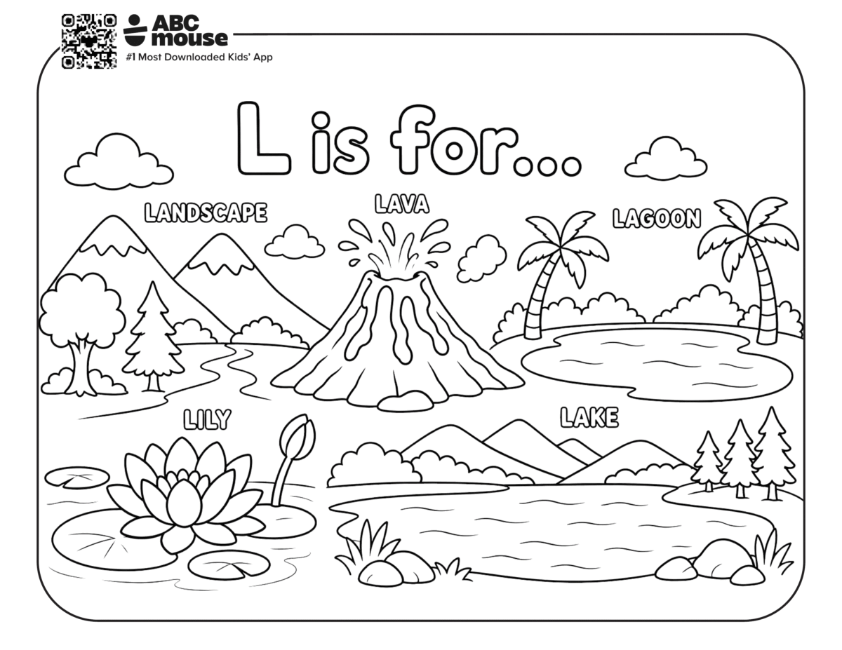 L is for Landscape, Lava, Lagoon, Lily, and Lake – Letter L vocabulary coloring page featuring a landscape with lava, lagoon, lily, and lake illustrations to teach L words.