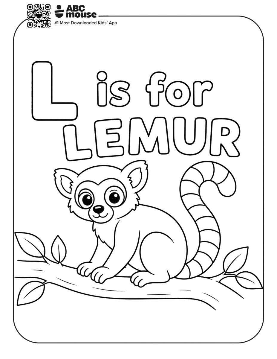 L is for Lemur – Letter L coloring page featuring a cute lemur sitting on a tree branch.