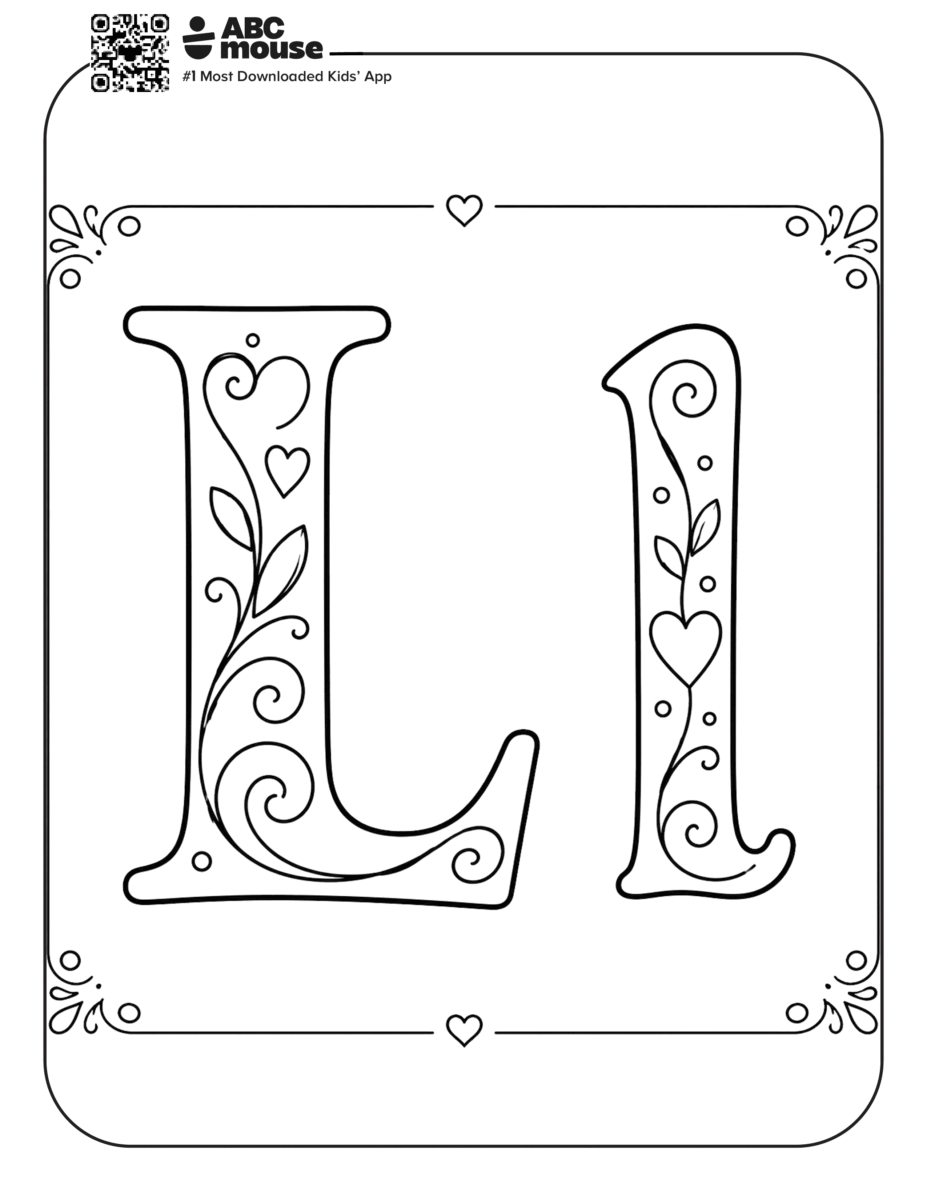 Fancy Large and Small Letter L – Decorative uppercase and lowercase letter L coloring page with floral and heart patterns.