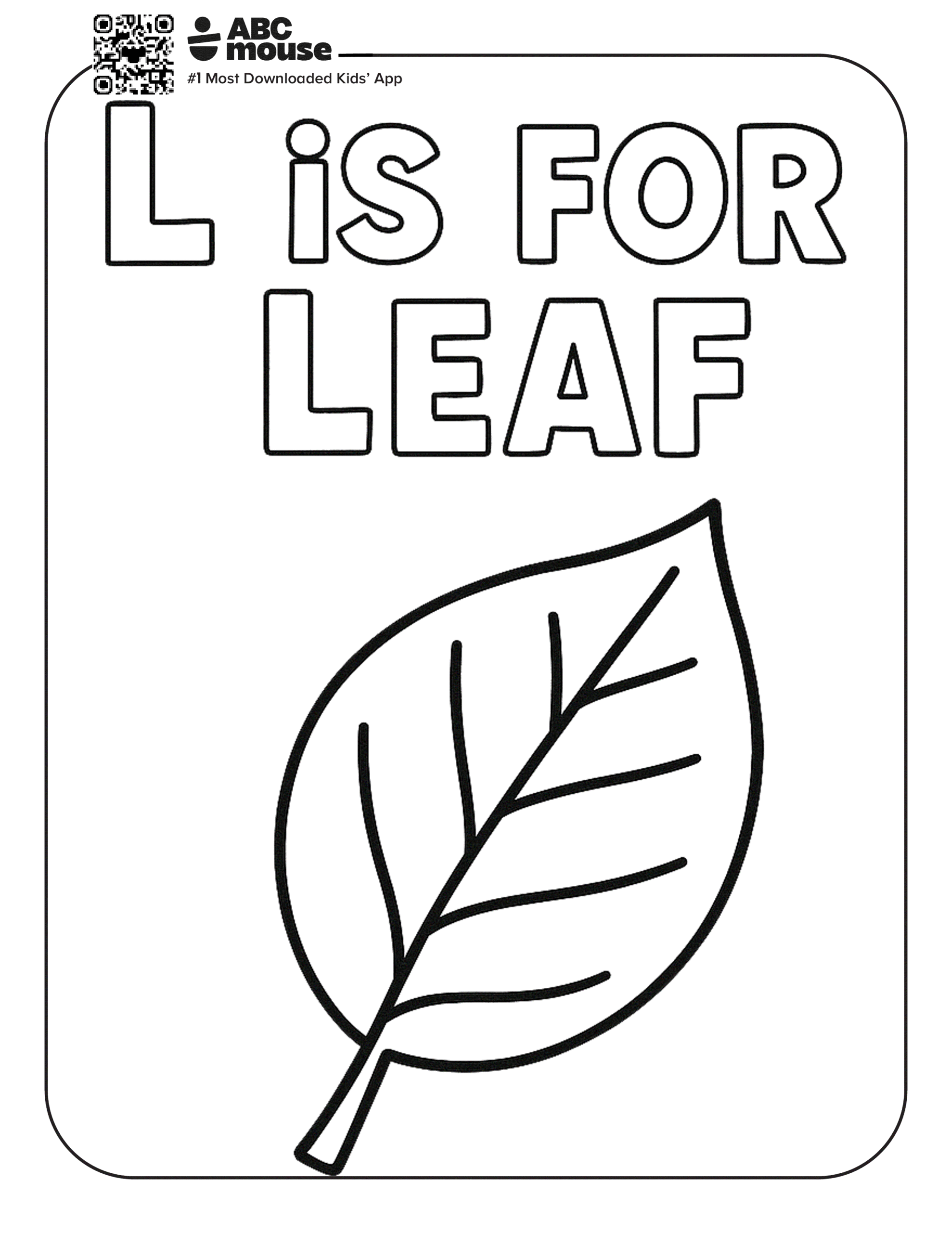 L is for Leaf – Letter L coloring page featuring a simple leaf illustration for children.