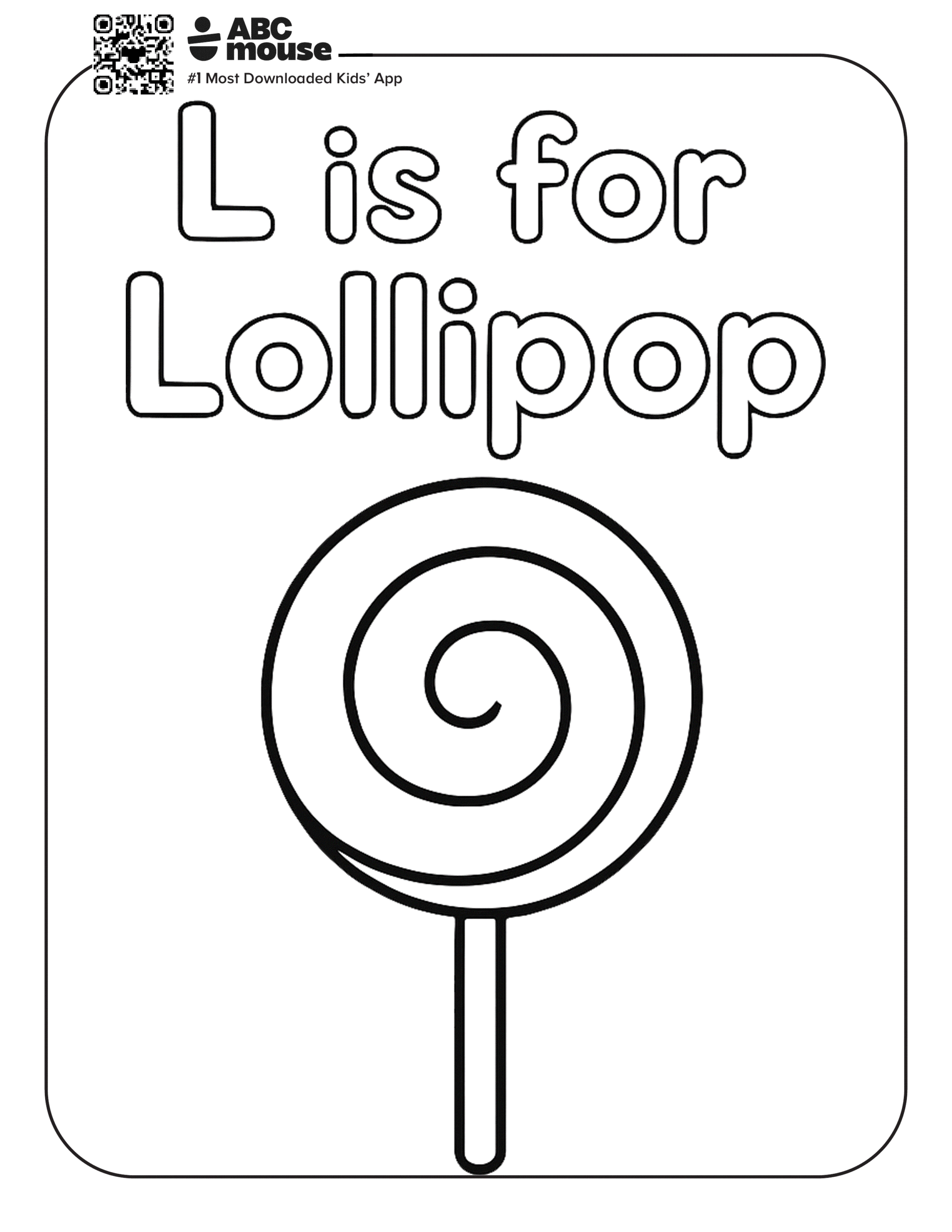 L is for Lollipop – Letter L coloring page with a large swirled lollipop for kids to color.