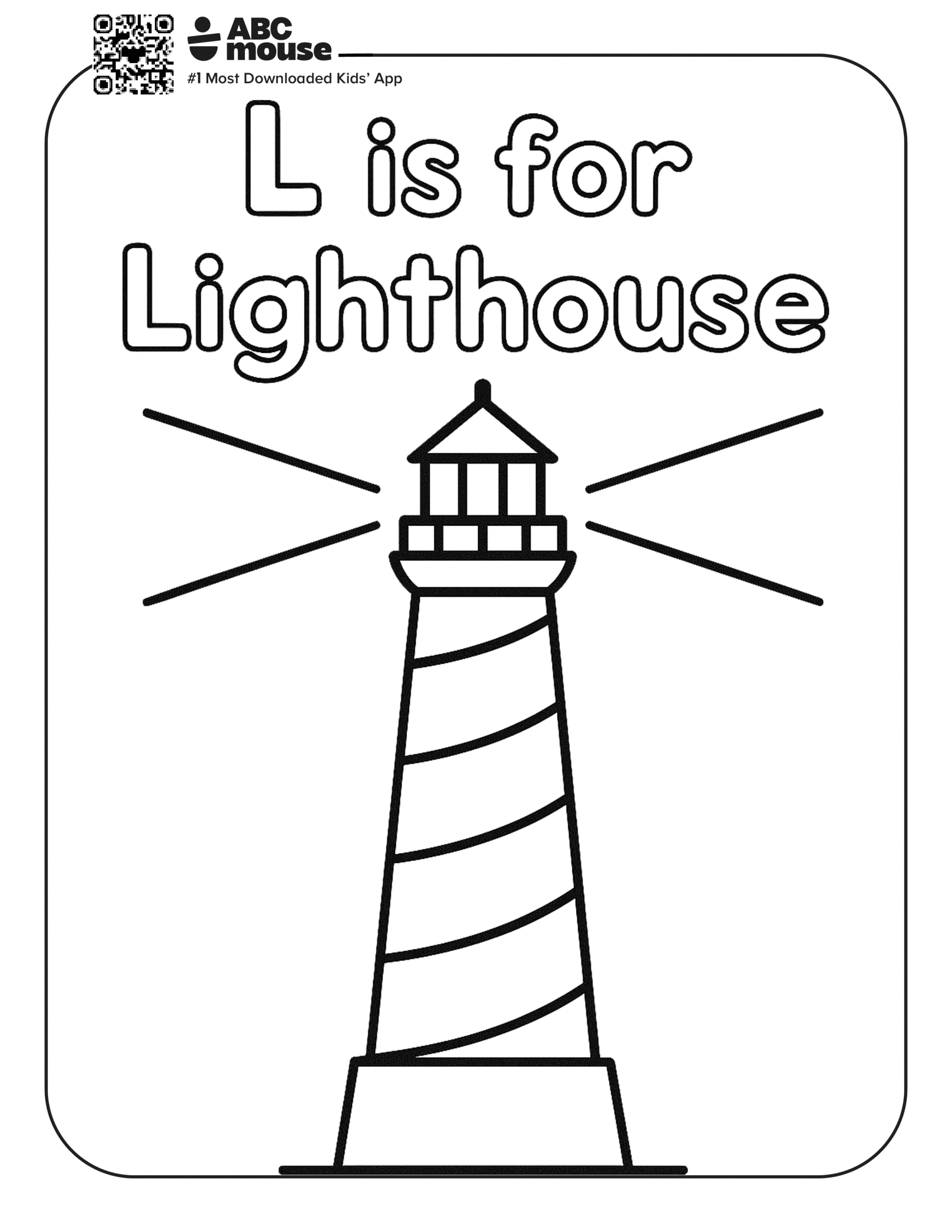 L is for Lighthouse – Letter L coloring page featuring a lighthouse shining its beacon.