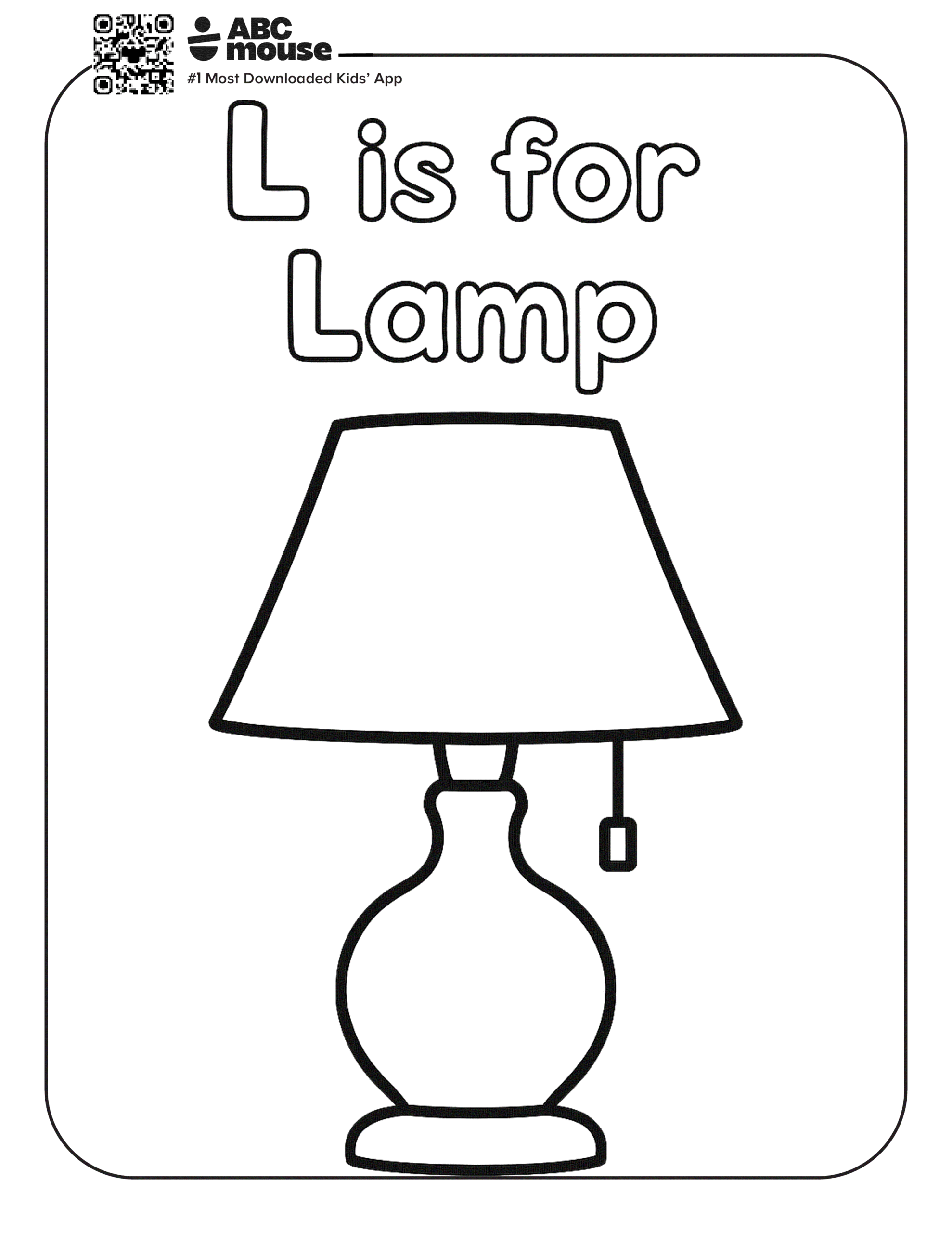 L is for Lamp – Letter L coloring page with a table lamp illustration for children.