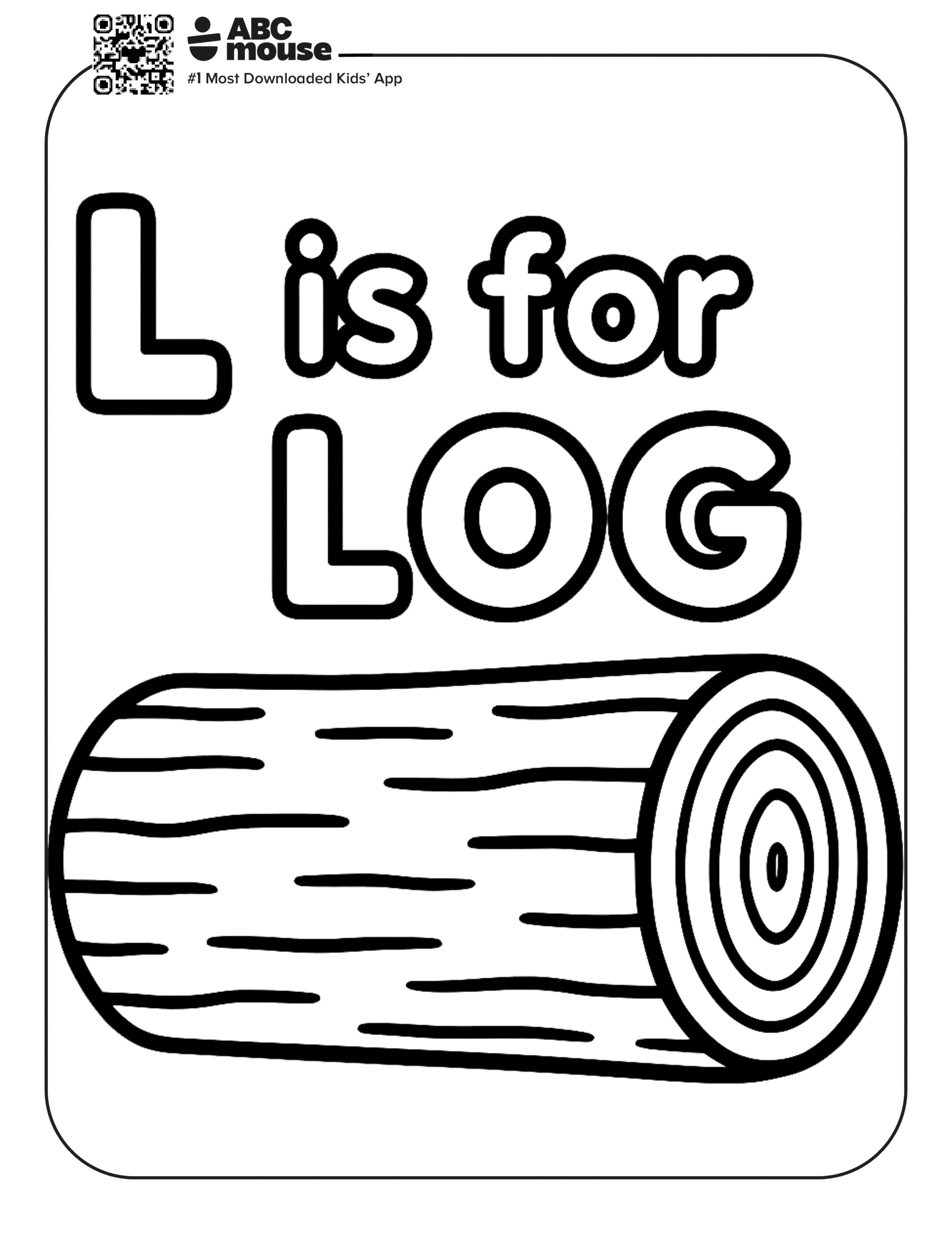 L is for Log – Letter L coloring page featuring a wooden log for preschool and kindergarten learners.