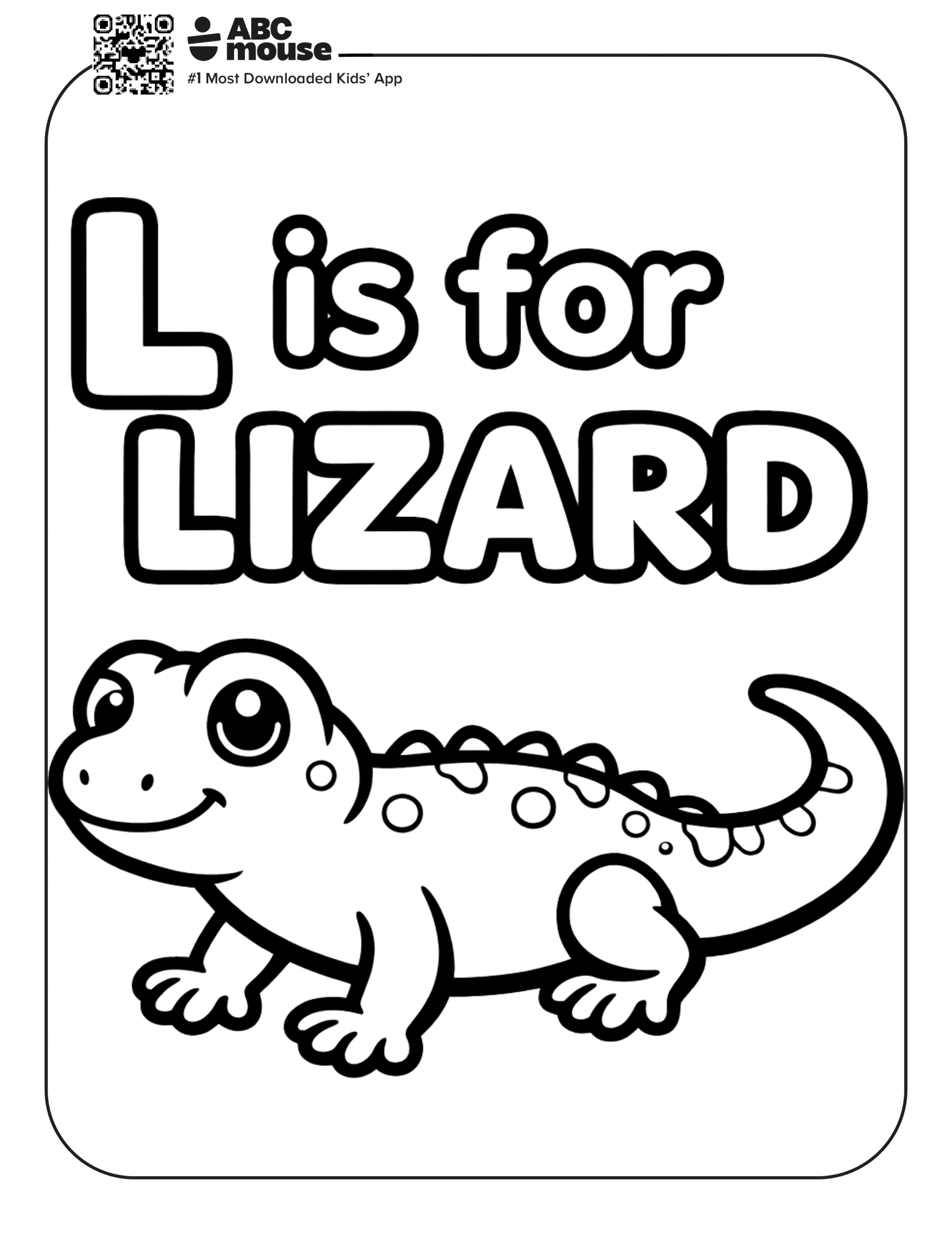 L is for Lizard – Letter L coloring page with a friendly cartoon lizard for kids.