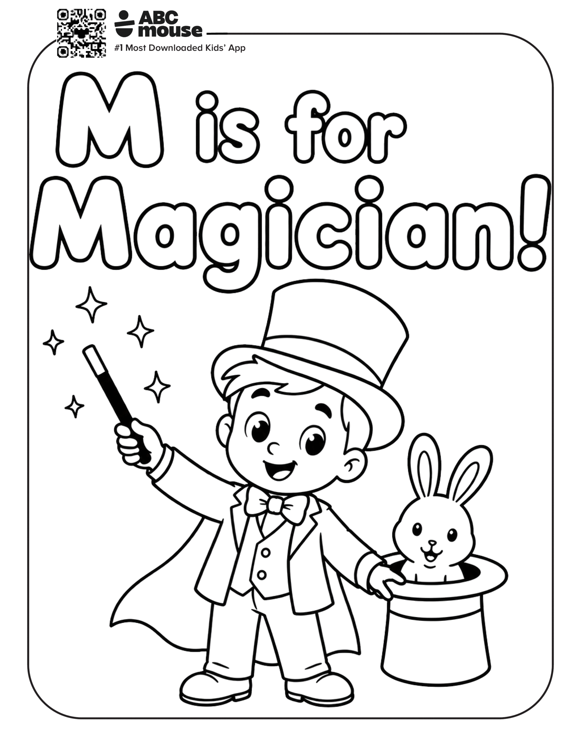 Free printable letter M coloring page for kids from ABCmouse.com. A young magician holding a wand beside a rabbit in a top hat for "M is for Magician".