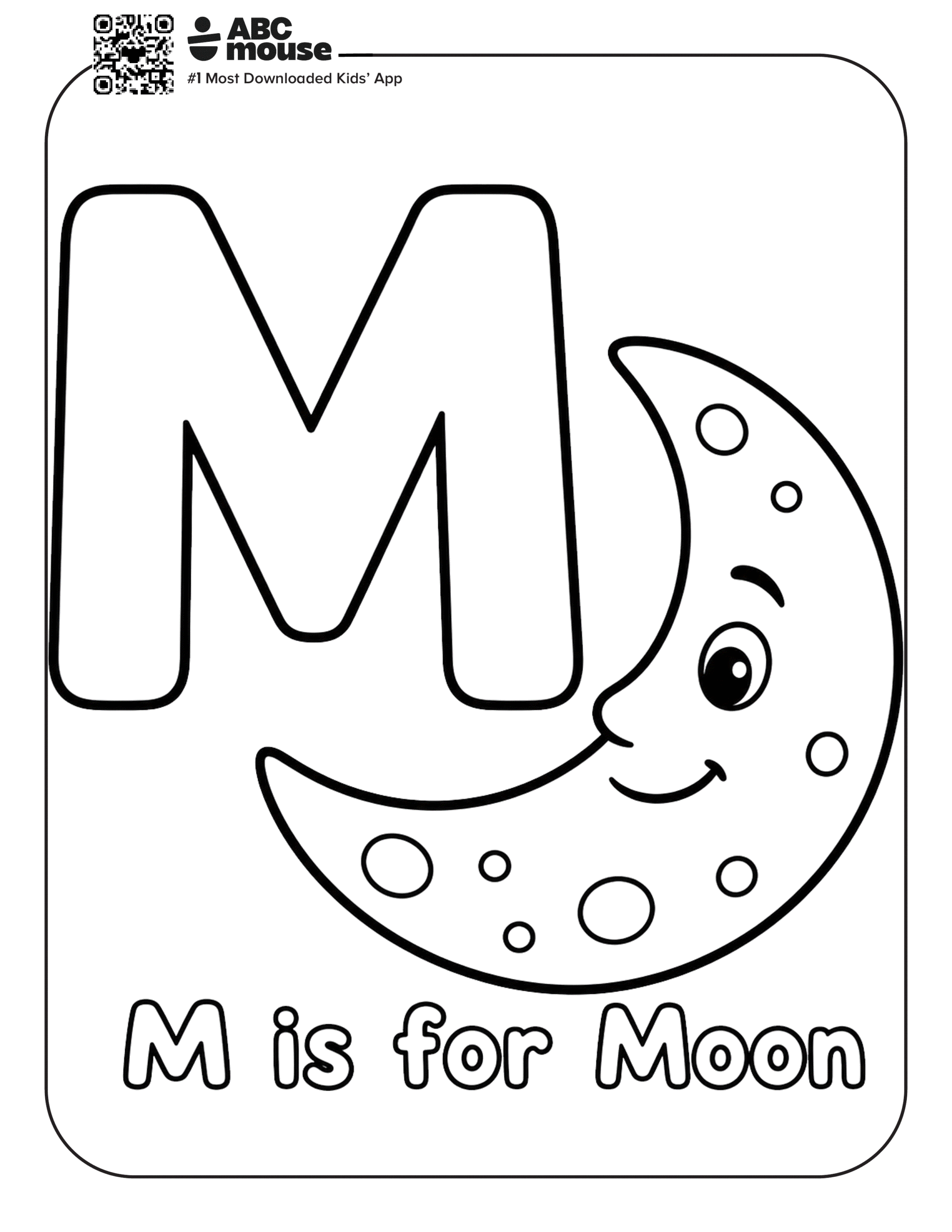 Free printable letter M coloring page for kids from ABCmouse.com. A large letter M next to a smiling crescent moon for "M is for Moon".