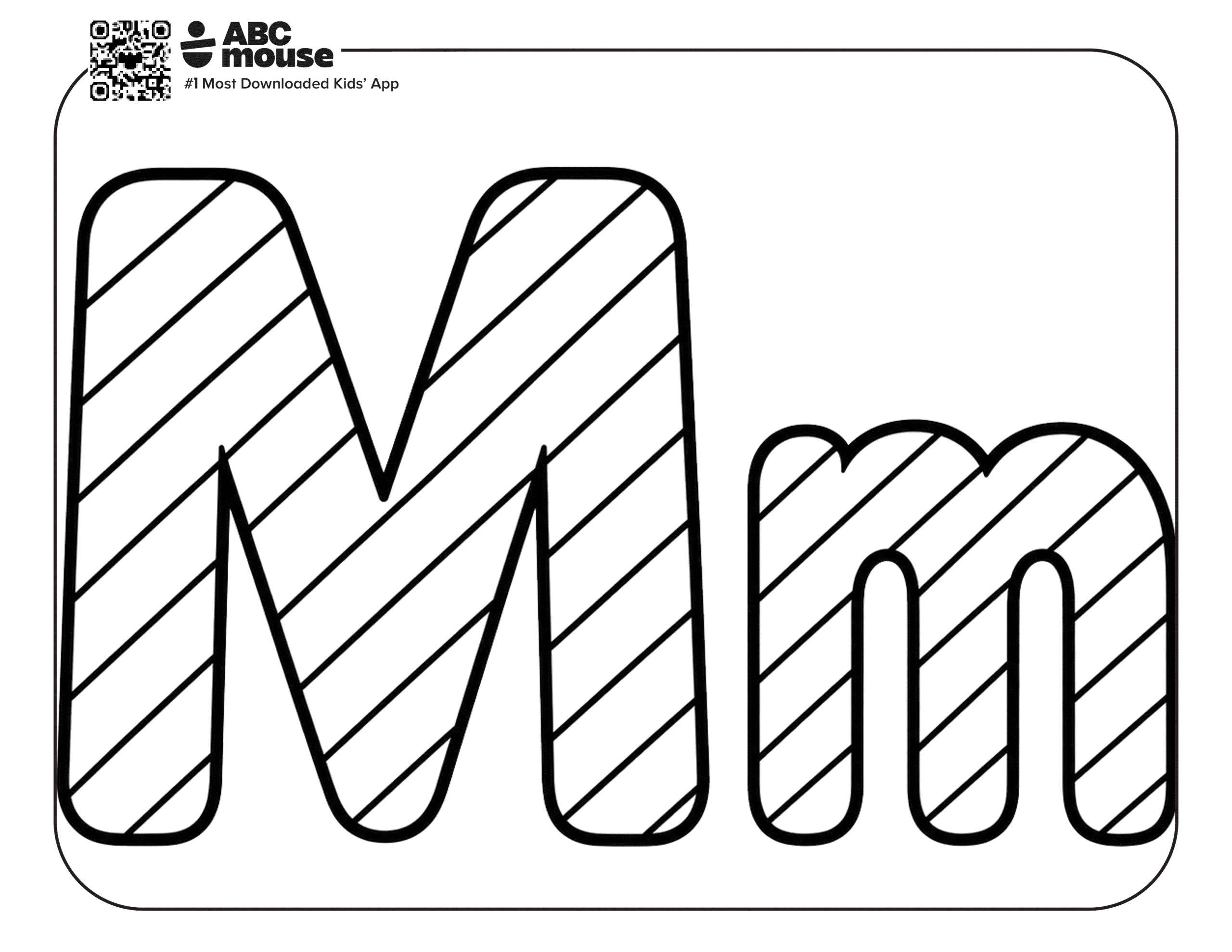 Free printable letter M coloring page for kids from ABCmouse.com. Uppercase and lowercase M filled with diagonal stripe patterns.