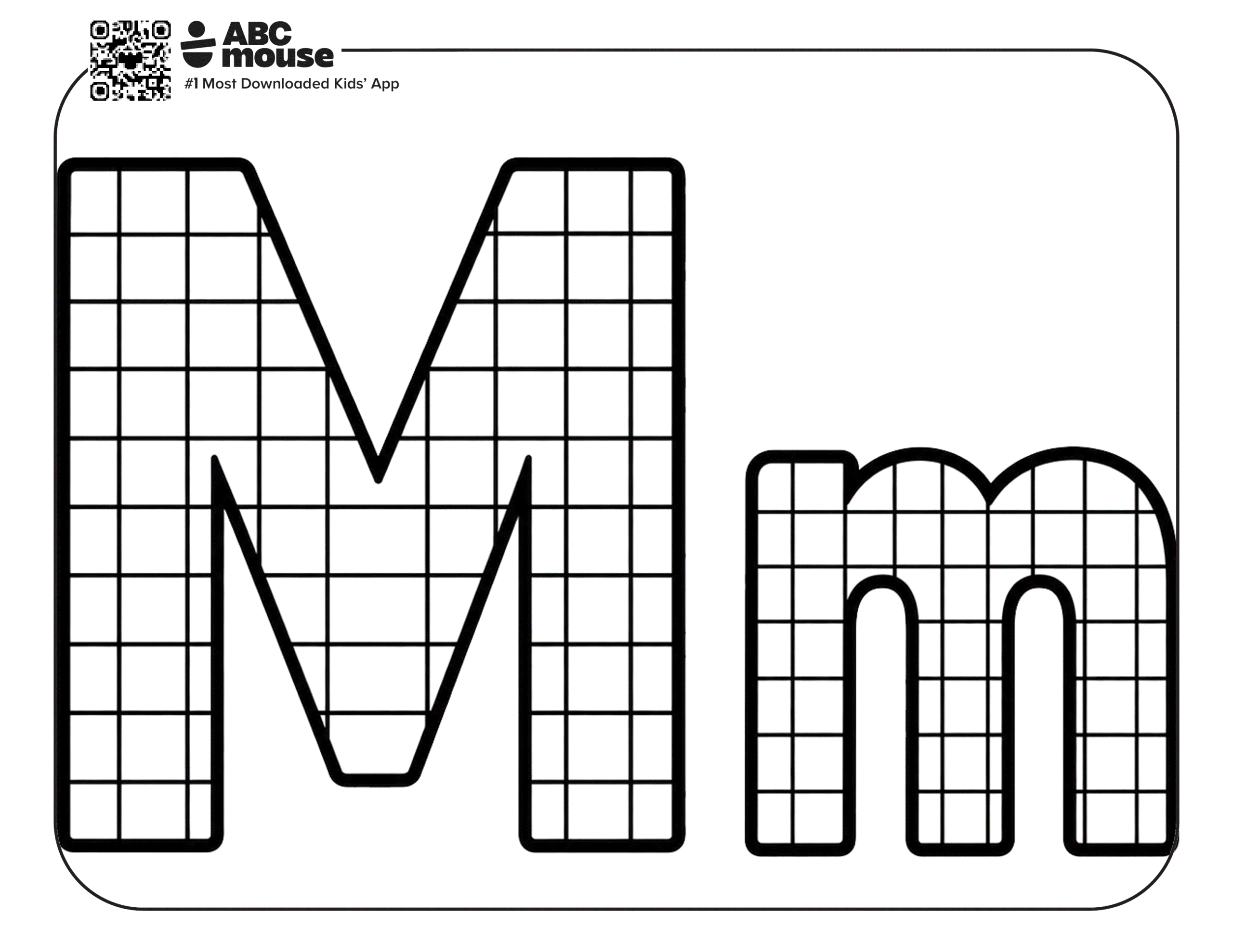 Free printable letter M coloring page for kids from ABCmouse.com. Uppercase and lowercase M filled with plaid grid patterns.