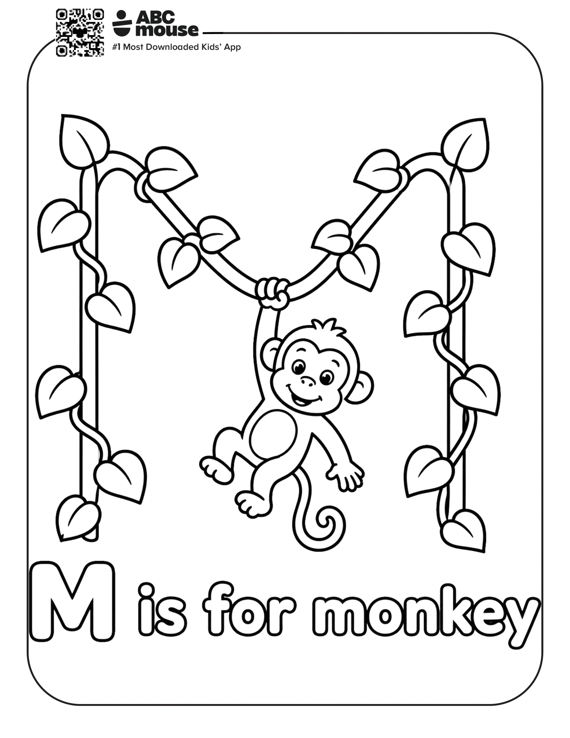 Free printable letter M coloring page for kids from ABCmouse.com. A smiling monkey hanging from leafy vines for "M is for monkey".