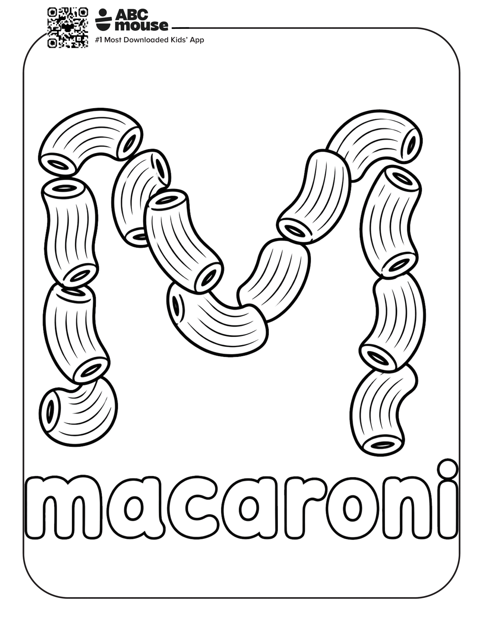 Free printable letter M coloring page for kids from ABCmouse.com. A letter M made from macaroni noodles.