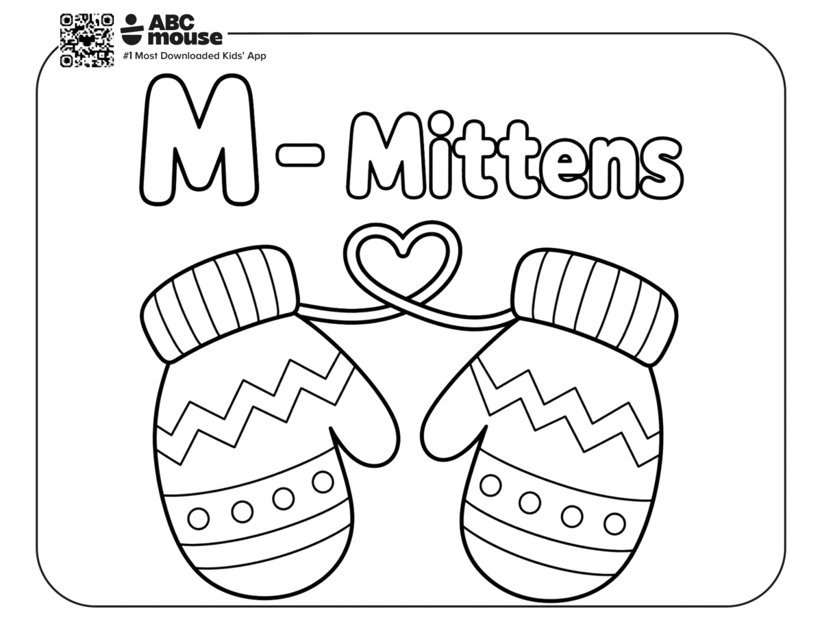 Free printable letter M coloring page for kids from ABCmouse.com. The letter M with a pair of patterned mittens connected by a string.