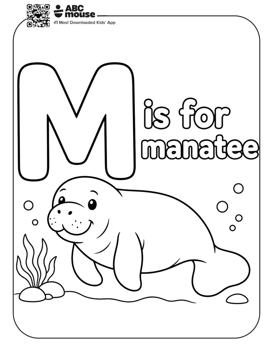 Free printable letter M coloring page for kids from ABCmouse.com. A large letter M with a smiling manatee underwater for "M is for manatee".
