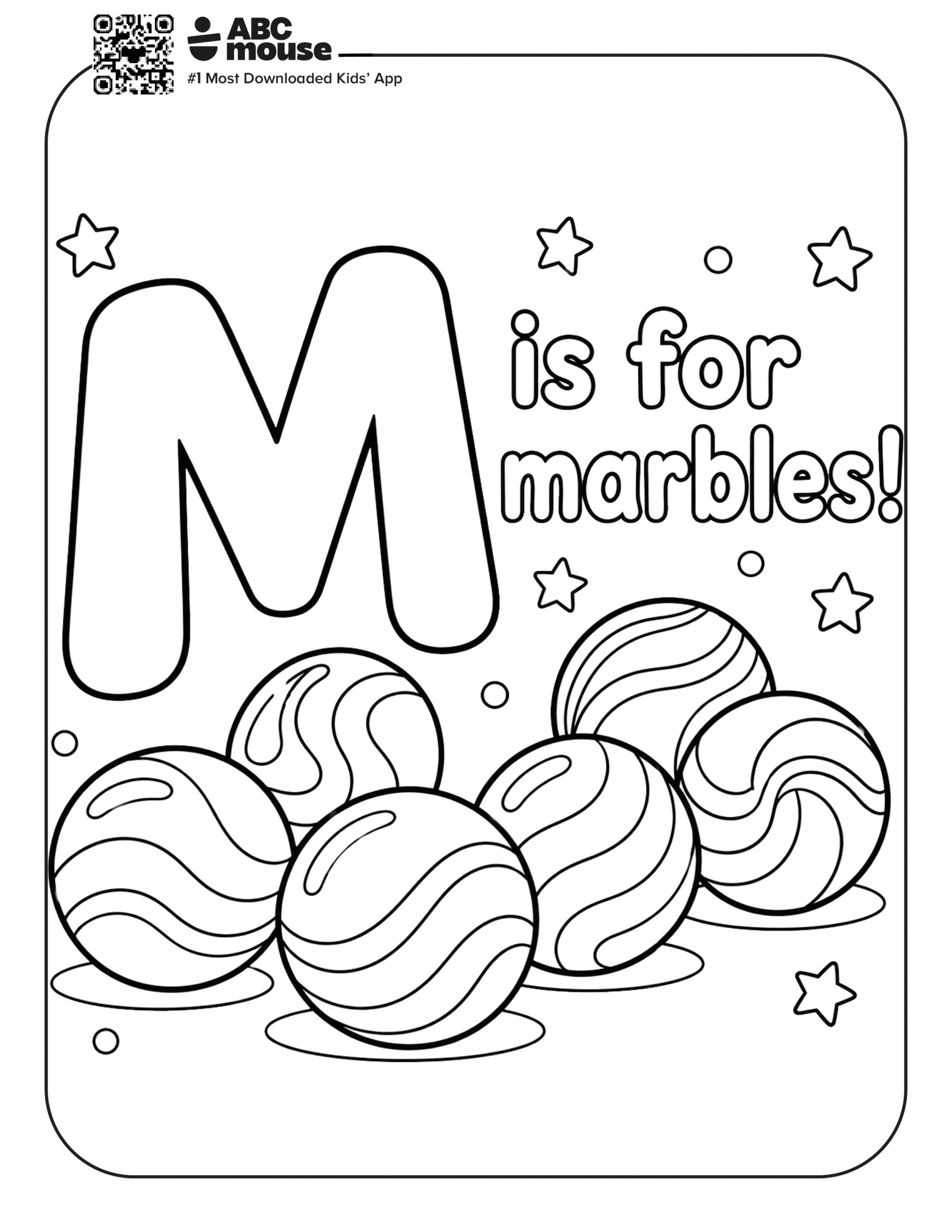 Free printable letter M coloring page for kids from ABCmouse.com. A large letter M with swirled marbles with stars around them for "M is for marbles".