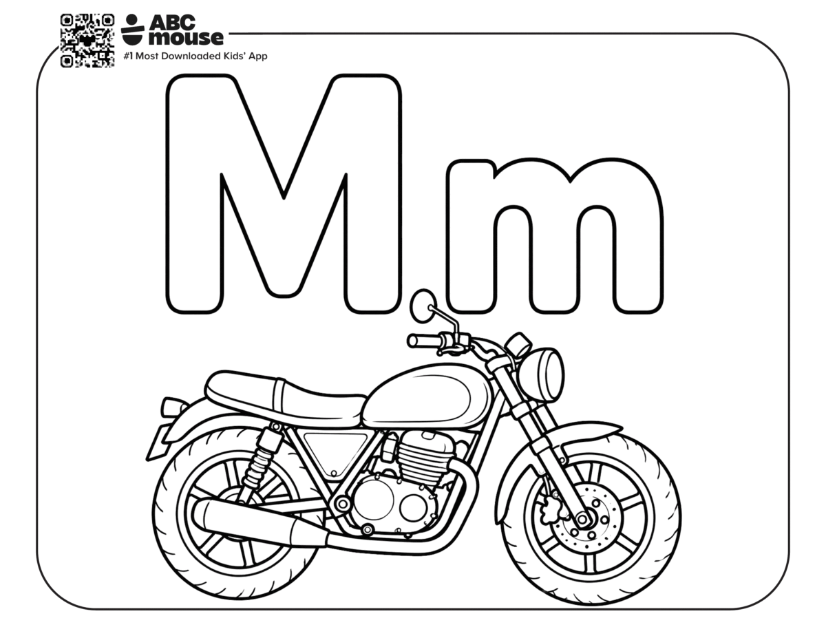 Free printable letter M coloring page for kids from ABCmouse.com. Uppercase and lowercase letter M above a motorcycle outline.