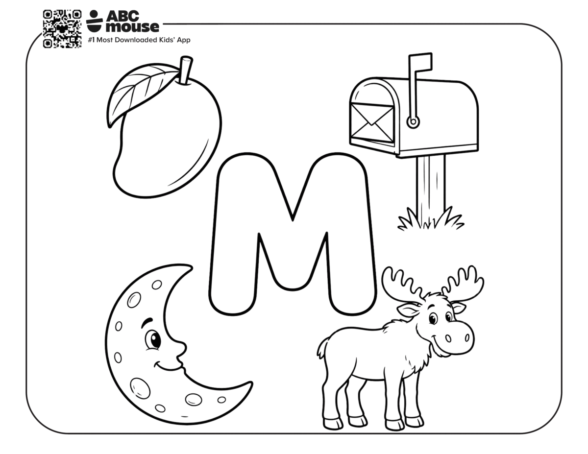 Free printable letter M coloring page for kids from ABCmouse.com. A large letter M surrounded by a mango, mailbox, crescent moon, and moose.