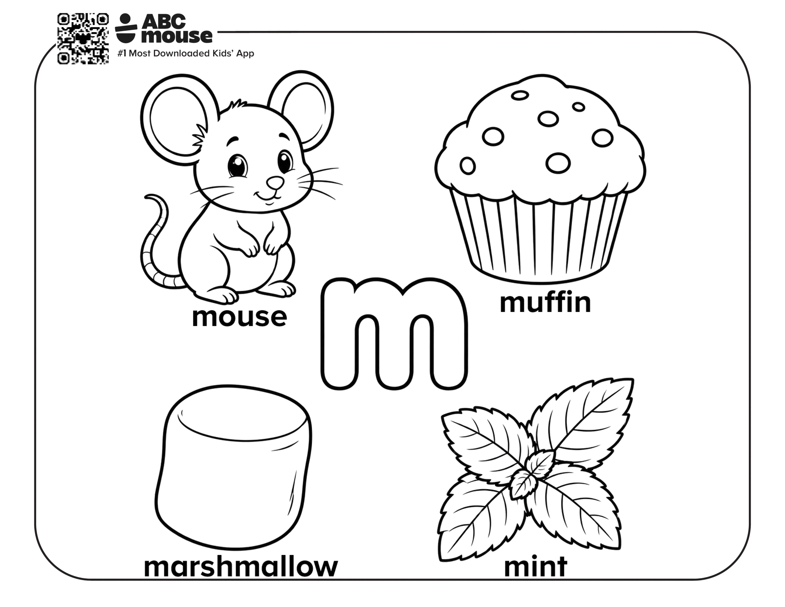 Free printable letter M coloring page for kids from ABCmouse.com. A lowercase m surrounded by a mouse, muffin, marshmallow, and mint leaves.