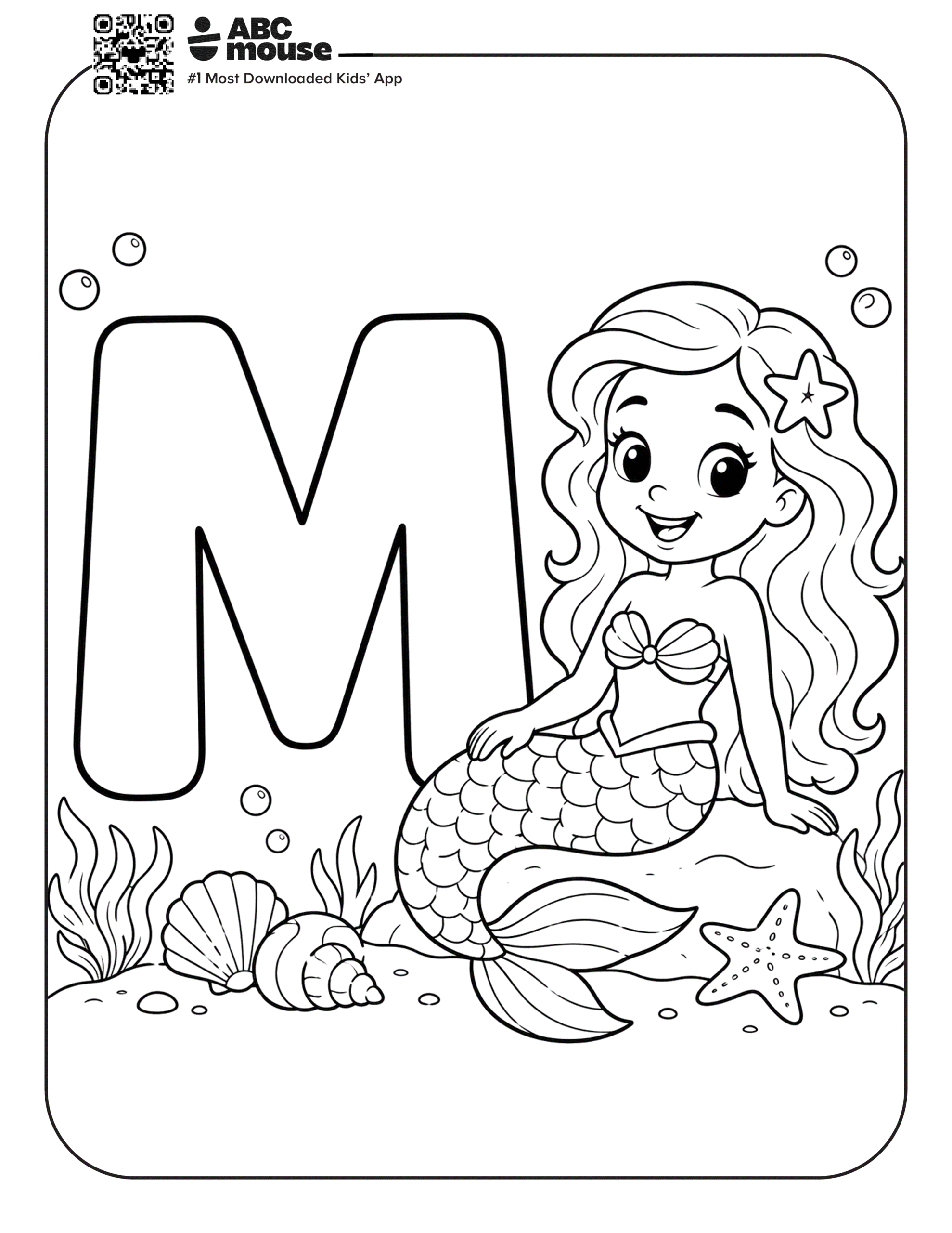 Free printable letter M coloring page for kids from ABCmouse.com. A large outlined letter M with a smiling mermaid next to it.