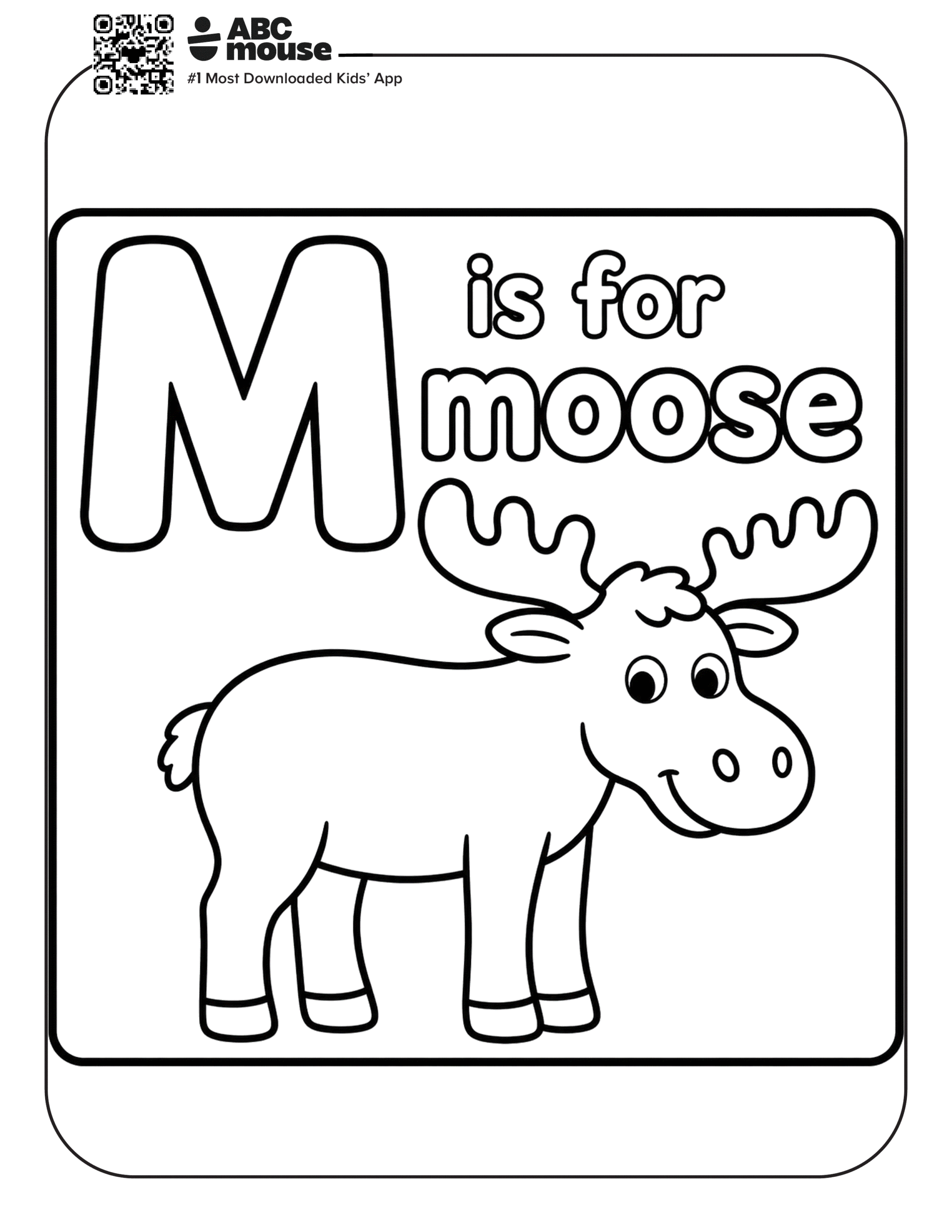 Free printable letter M coloring page for kids from ABCmouse.com. A large letter M with a cartoon moose for “M is for moose.”