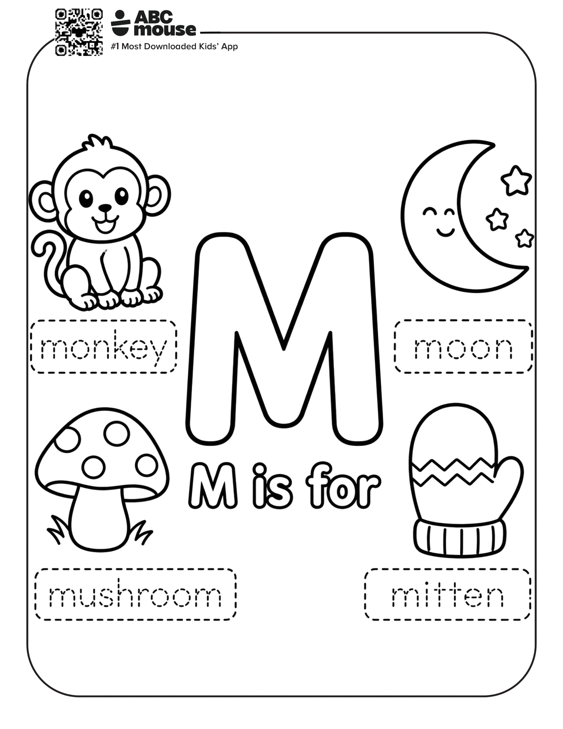 Free printable letter M coloring page for kids from ABCmouse.com. A large letter M with pictures of a monkey, moon, mushroom, and mitten labeled around it.