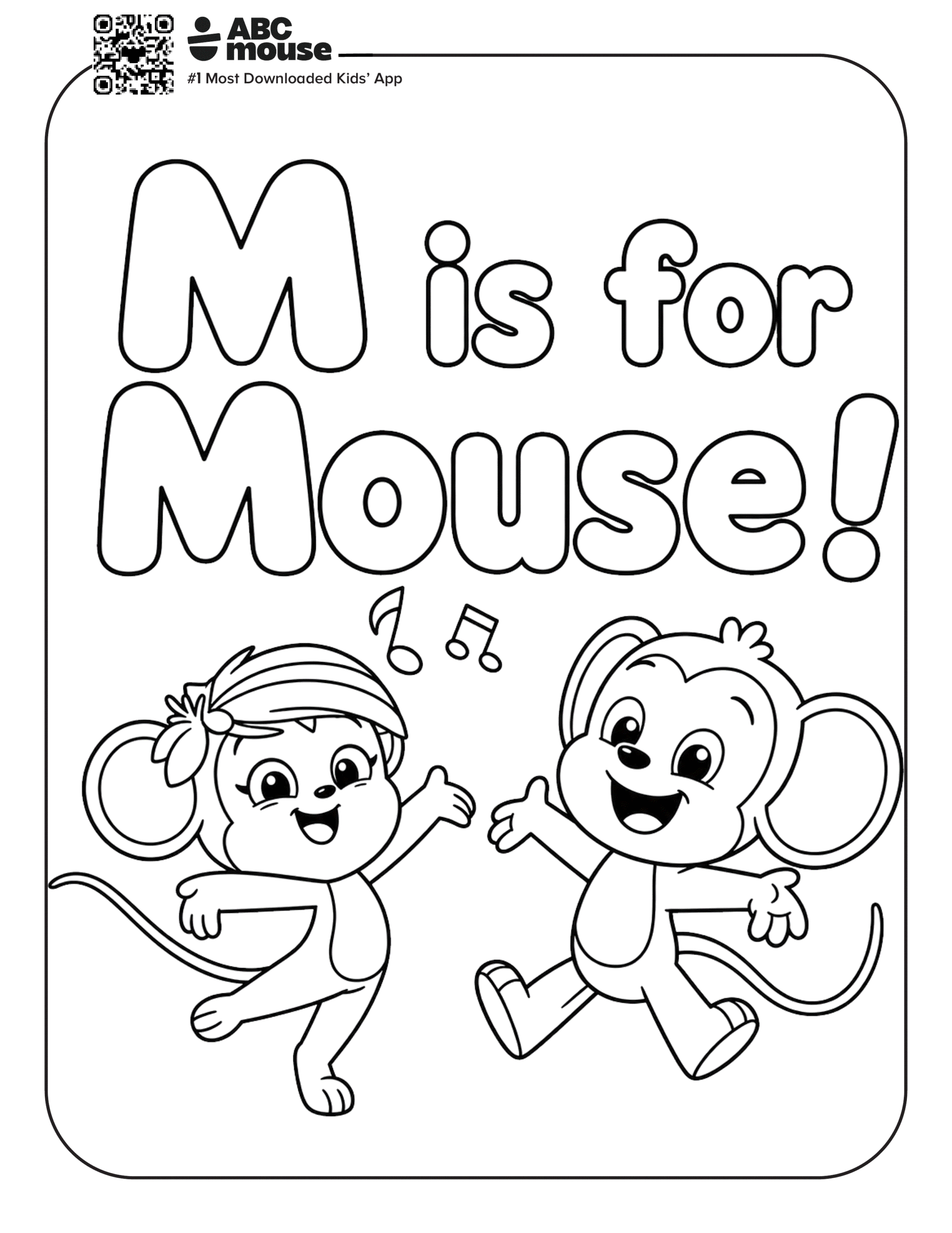Coloring page with two happy cartoon mice and the text 'M is for Mouse!' at the top (ABC Mouse branding).