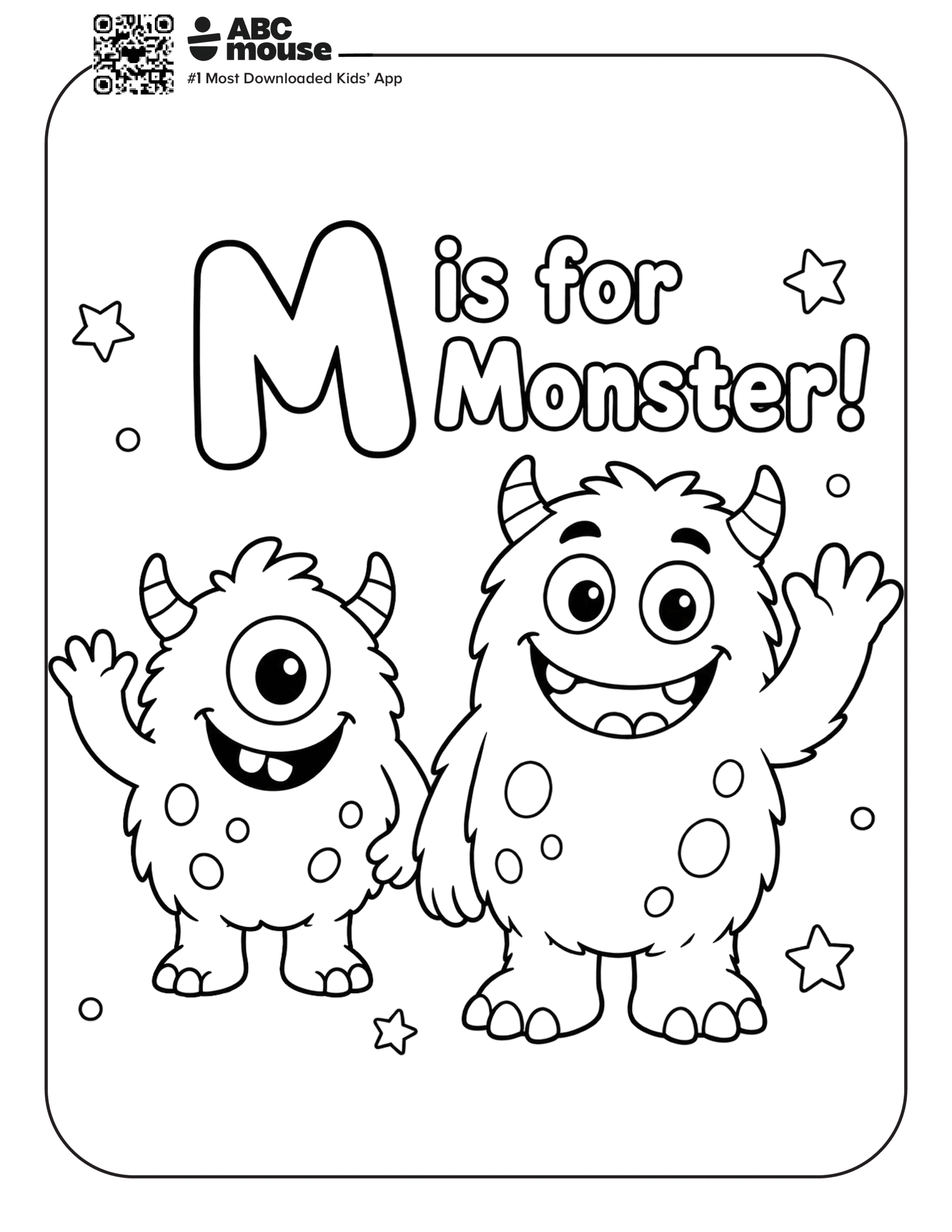 Free printable letter M coloring page for kids from ABCmouse.com. Two smiling monsters waving for "M is for Monster"