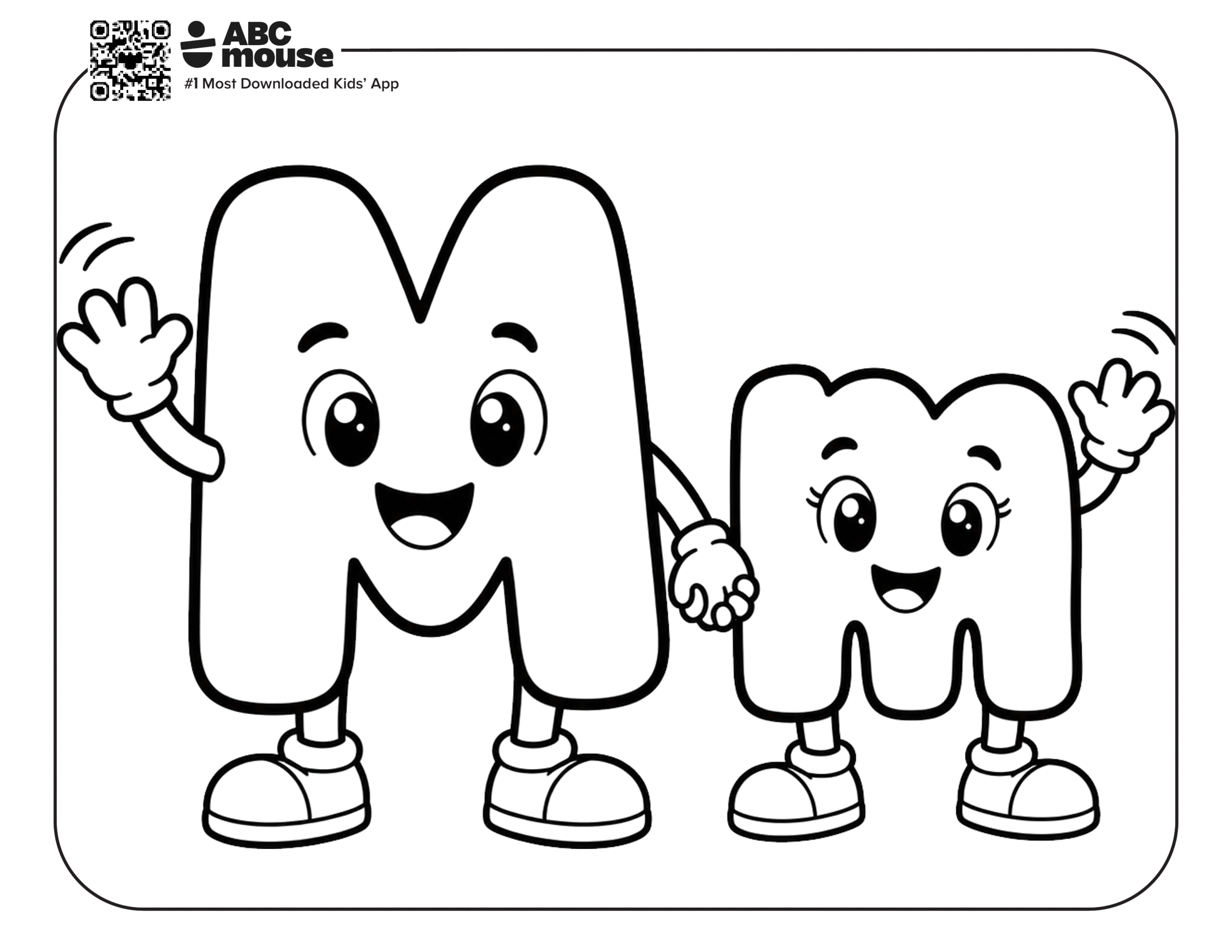 Free printable letter M coloring page for kids from ABCmouse.com. Uppercase and lowercase letter M characters holding hands and waving.