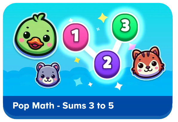 Colorful game graphic with nodes labeled 1, 2, and 3 connected on a blue gradient background, surrounded by cute animal stickers, captioned 'Pop Math - Sums 3 to 5'.