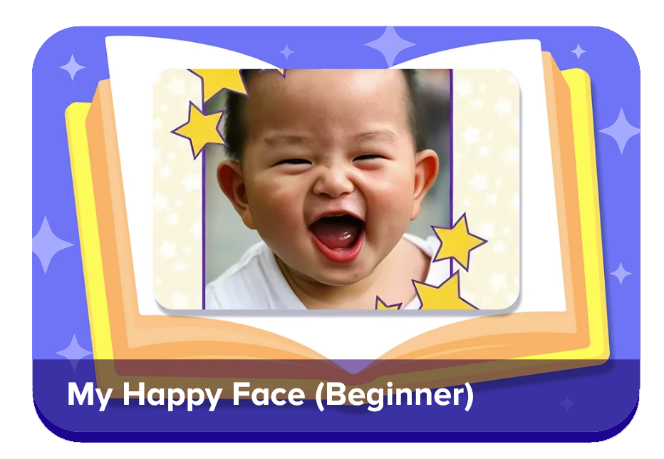 App icon for 'My Happy Face (Beginner)' showing a laughing baby photo framed by colorful stacked pages on a purple starry background