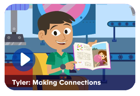 Child reading a storybook and learning reading comprehension skills through an interactive lesson.