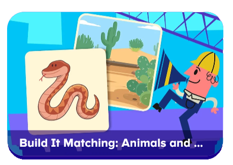 Game banner for Build It Matching: Animals and ... showing animal cards (a snake) and a desert scene, plus a construction worker in a hard hat.