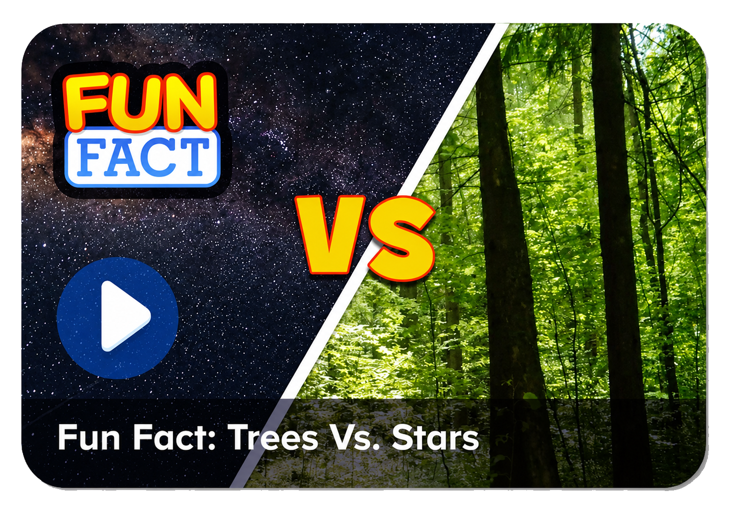 Video thumbnail: starry space on the left and a green forest on the right, with 'Fun Fact: Trees Vs. Stars' and a blue play button.