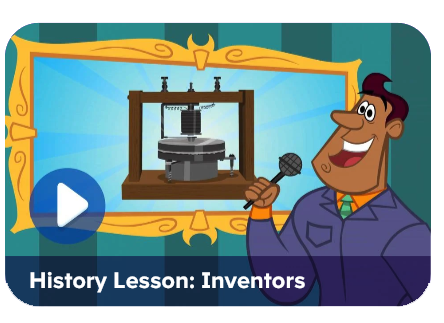 Cartoon host with a microphone presenting a history lesson about inventors; a framed device sits on a blue background with a play button overlay.