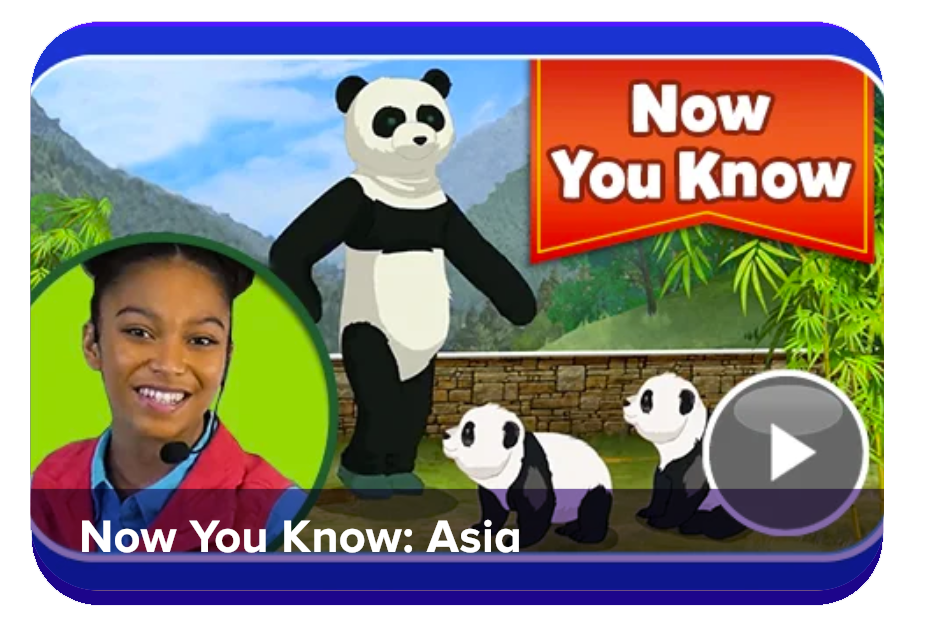 Video thumbnail for 'Now You Know: Asia' showing a host with a headset, panda family in a lush landscape, and a circular inset of the host.