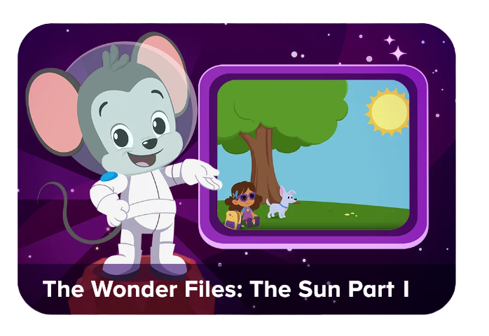 Cartoon mouse in a spacesuit points at a monitor showing a sunny park scene, for The Wonder Files: The Sun Part I.