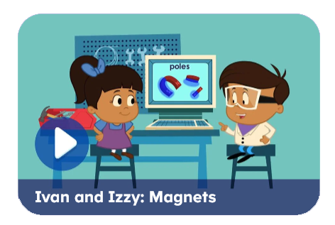 Cartoon of two kids at a lab desk with a computer showing magnets; video thumbnail titled 'Ivan and Izzy: Magnets'.