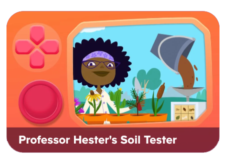 App icon: Professor Hester's Soil Tester, orange handheld device with a cartoon scientist tending plants on the screen.