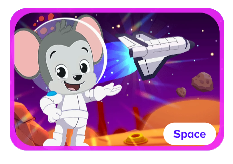 Cartoon mouse in a white spacesuit on a colorful alien landscape, with a rocket blasting off in the background; a rounded badge reads Space.
