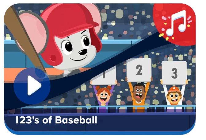 Cartoon mouse batter at a baseball stadium; three helpers hold numbers 1, 2, 3 behind him with a blue play button present.