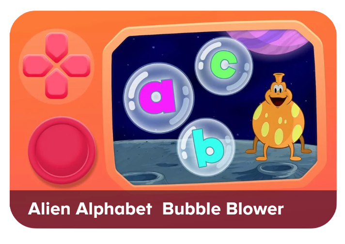 Alphabet game with floating letter bubbles and a friendly alien character on a colorful game screen.