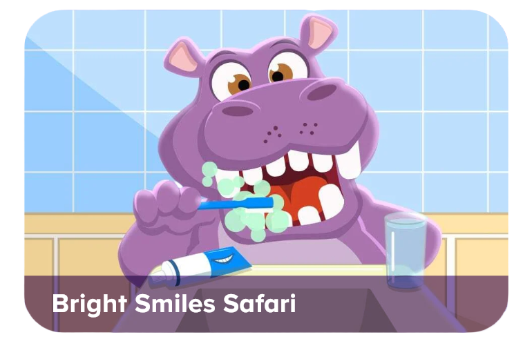 Cartoon purple hippo brushing teeth with a blue toothbrush and toothpaste foam in a bathroom, with a glass of water on the counter; 'Bright Smiles Safari' text overlay.