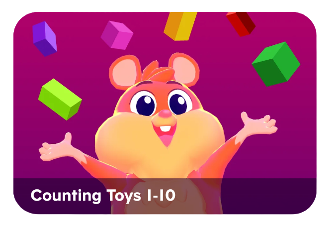 Cheerful cartoon hamster with open arms, colorful blocks flying in a purple gradient background for a counting 1–10 activity.