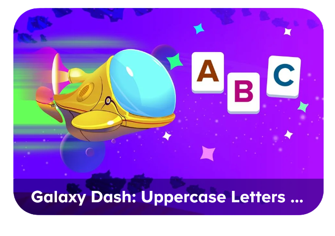 Space-themed banner with a yellow spaceship and tiles showing A, B, C; title: 'Galaxy Dash: Uppercase Letters'