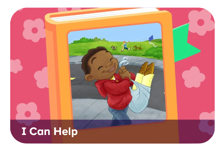 Cartoon boy smiling while carrying a grocery bag in a pink flower-pattern frame; caption 'I Can Help'.