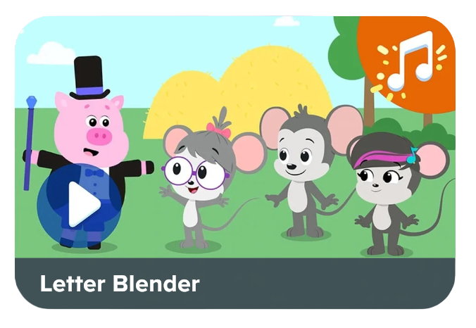 Cartoon pig magician with top hat and wand in a sunny park, three mice watching; play button overlay and the title 'Letter Blender'.
