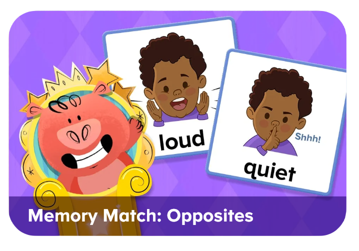 Memory matching game with cards showing the opposite words "loud" and "quiet" alongside a cheerful cartoon character.