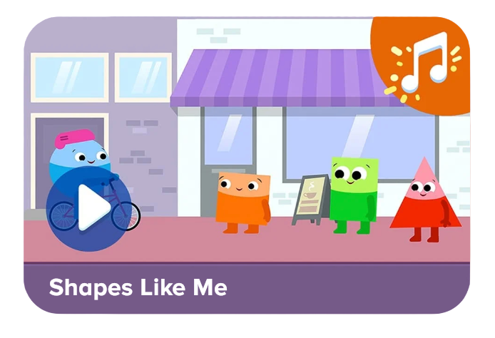 Cartoon street scene with shape-shaped characters: a blue circle on a bicycle, orange and green squares, and a pink triangle in front of a shop; a music note badge in the corner; title 'Shapes Like Me' at the bottom.