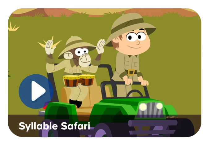 Cartoon boy and monkey in safari gear riding a green jeep in a savanna, for an educational game called Syllable Safari.
